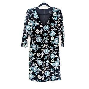 Karen Kane Black Turquise Floral Embroidered Velvet Sheath Dress Size Large